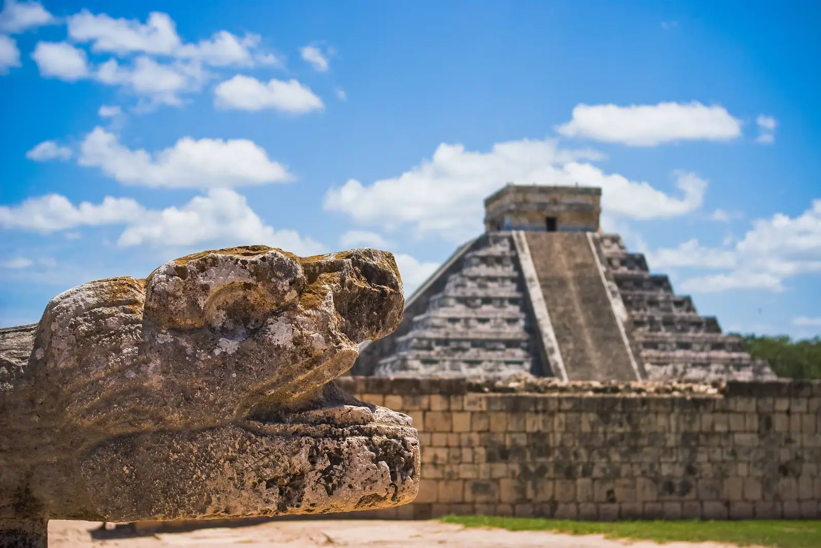 Low stone Maya structures with corbelled doorways standing in cleared tropical forest